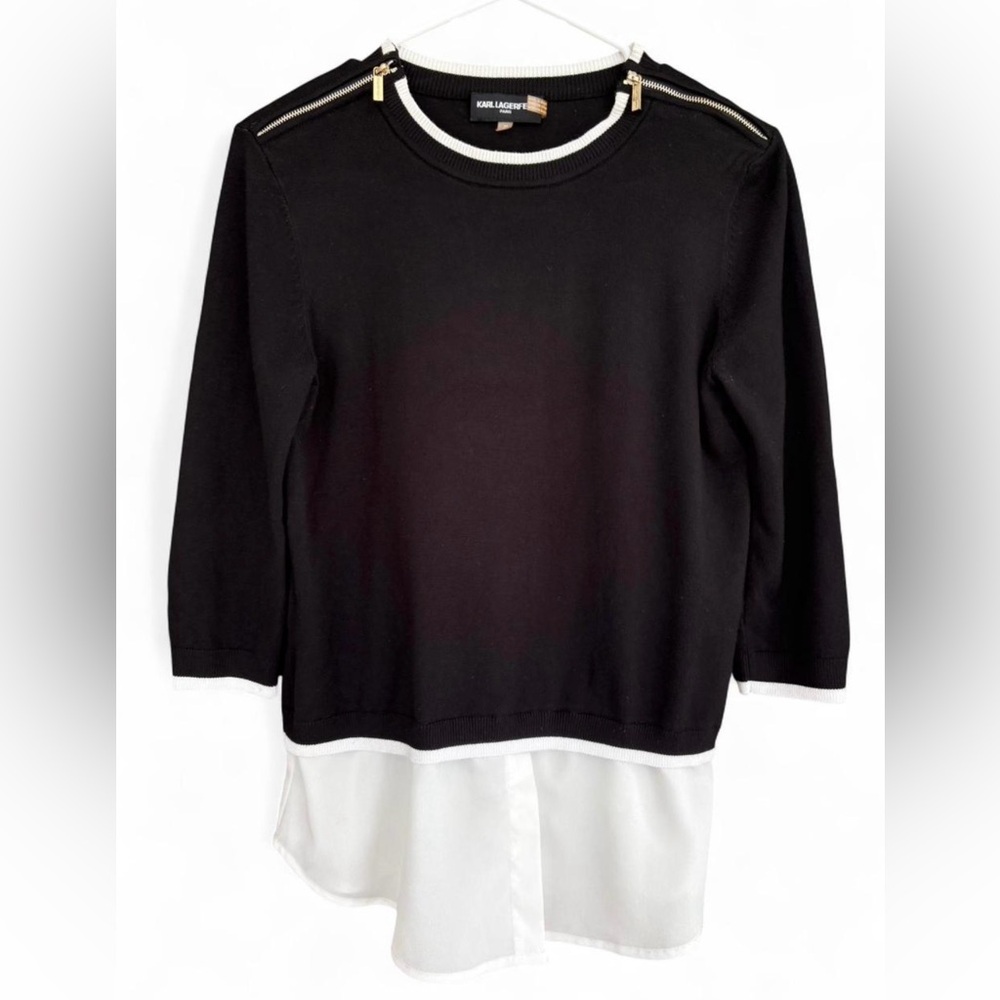Women's Karl Lagerfeld Shirt Sweater‎ Size XS Gold Hardware Black White